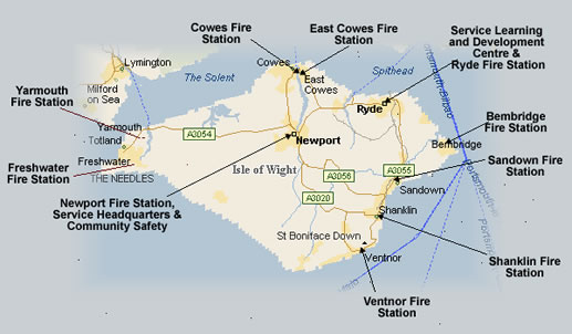 Map of the Isle of Wight showing where the fire stations are located
